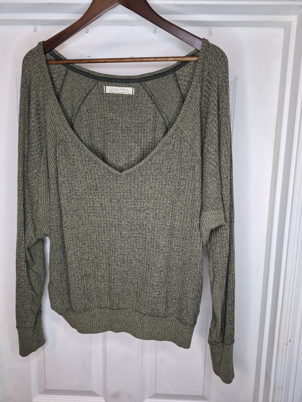 We The Free Olive Ribbed V-Neck Pullover Sweater Medium Oversized
